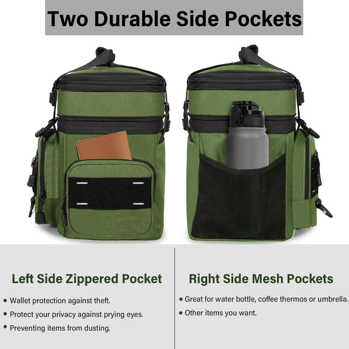 TENKIST expandable lunchbox front pockets keeping keys and essentials organized.