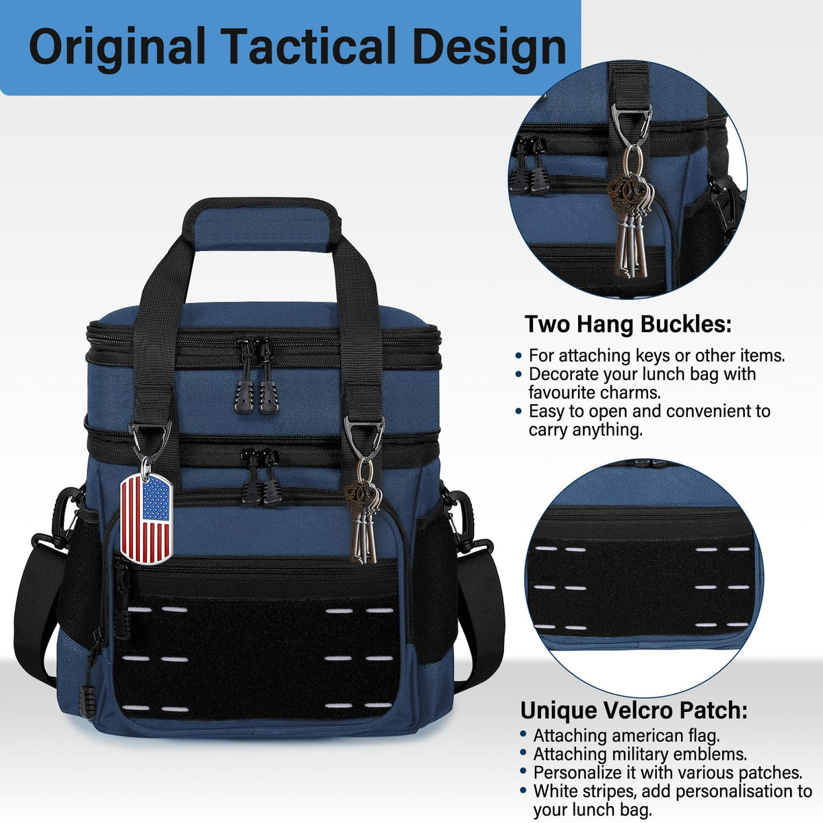 TENKIST lunch box side pockets hold a water bottle and keys for quick access