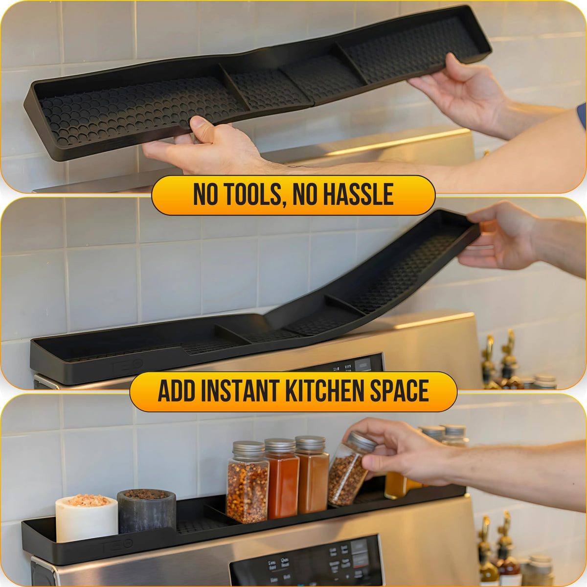 TEO embedded magnets secure the shelf to a flat stove surface without tools.