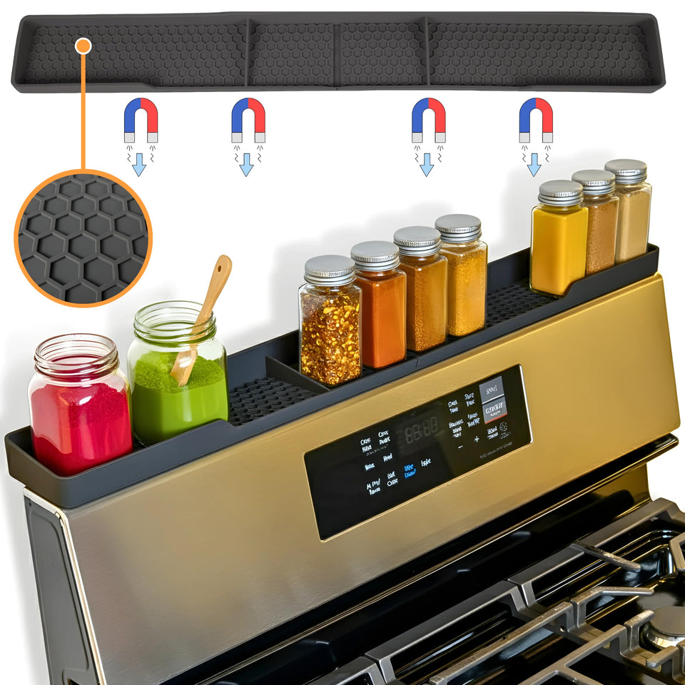 TEO magnetic stove top shelf with a 30-inch span keeps spices within reach.