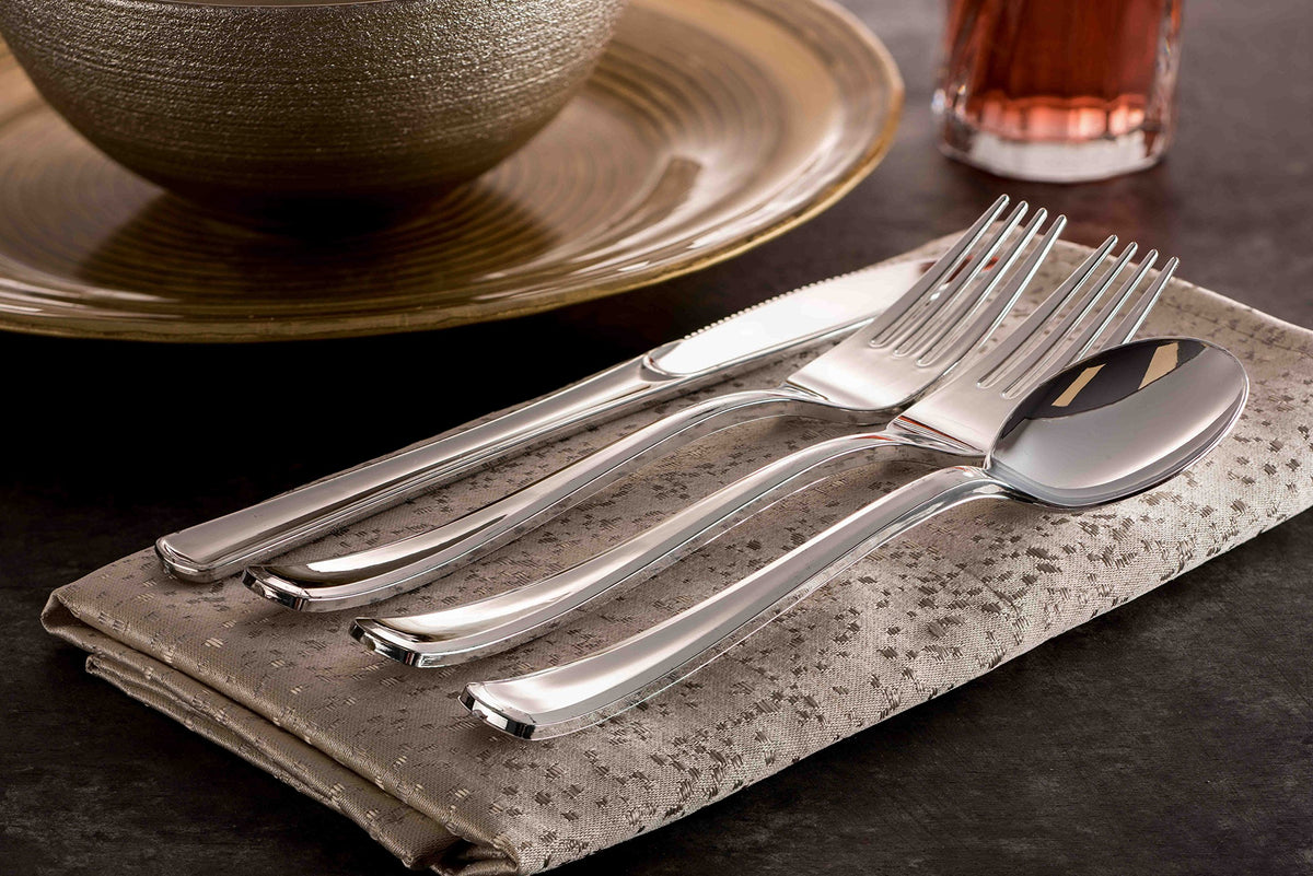 Tepco Settings elegant silver plastic flatware on a dining table