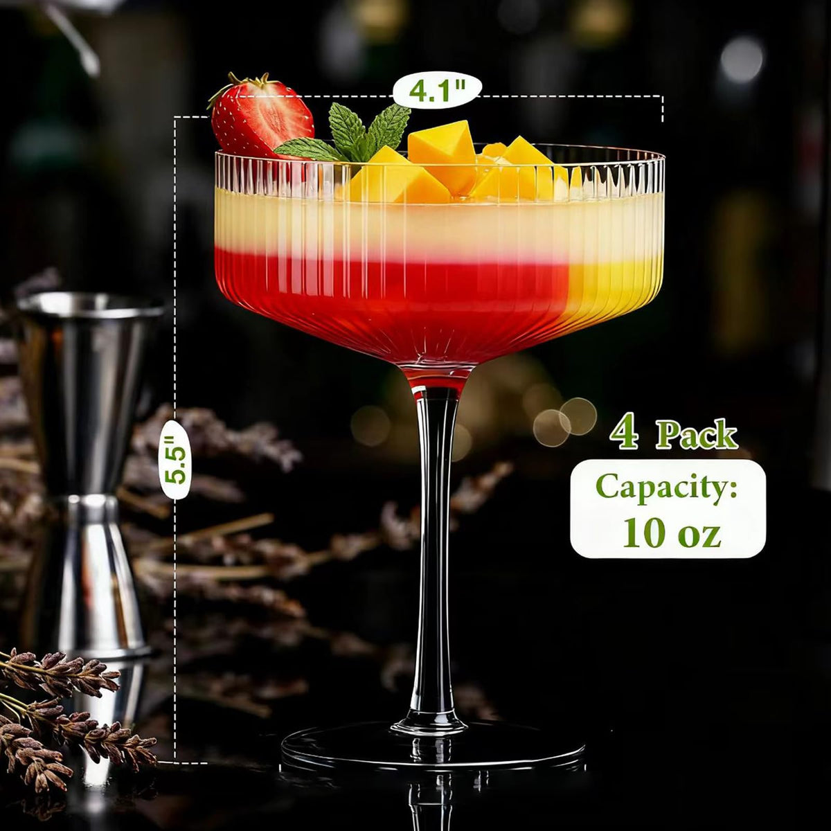 TEQKON 10oz Coupe Glasses filled with cocktails illustrate versatile home entertaining.