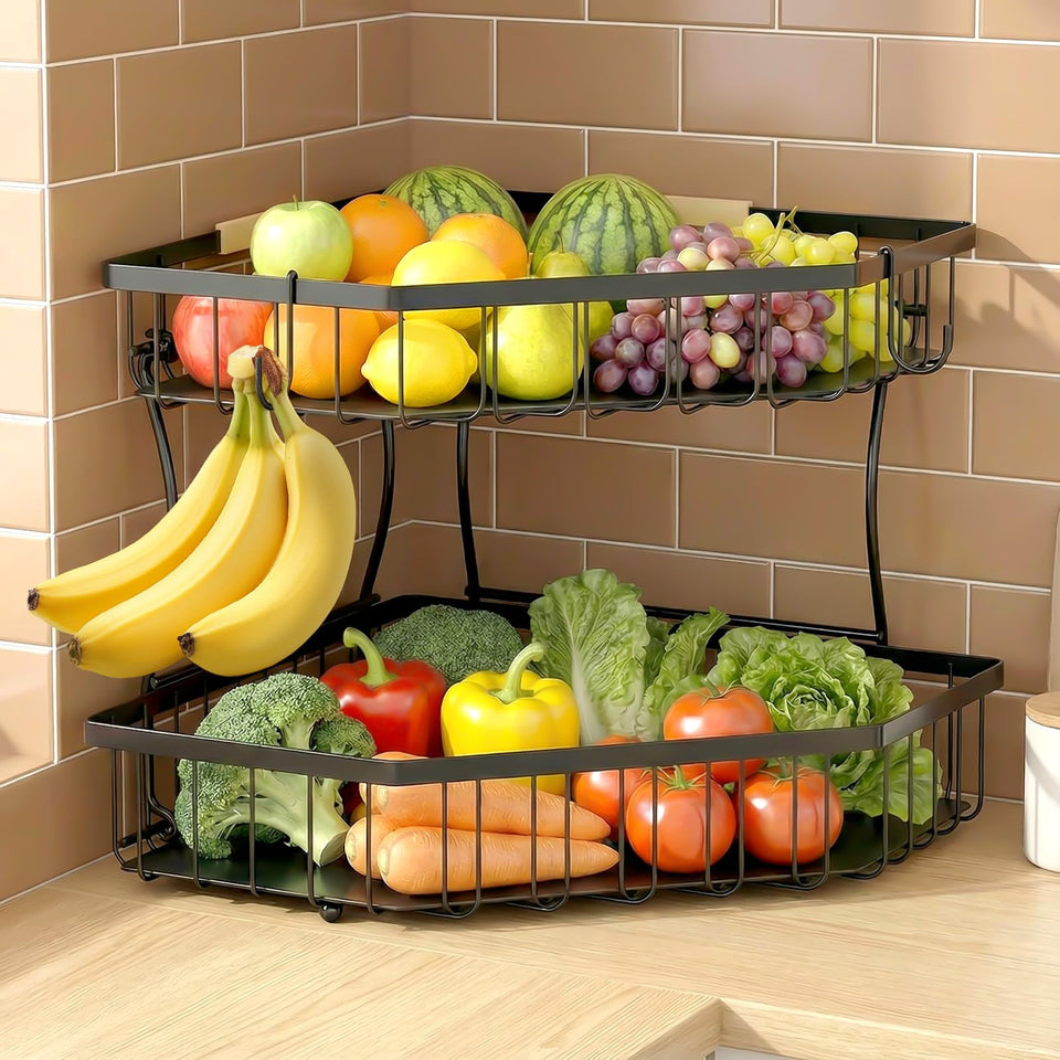 Tequie 2-Tier Fruit Basket corner design saves counter space.