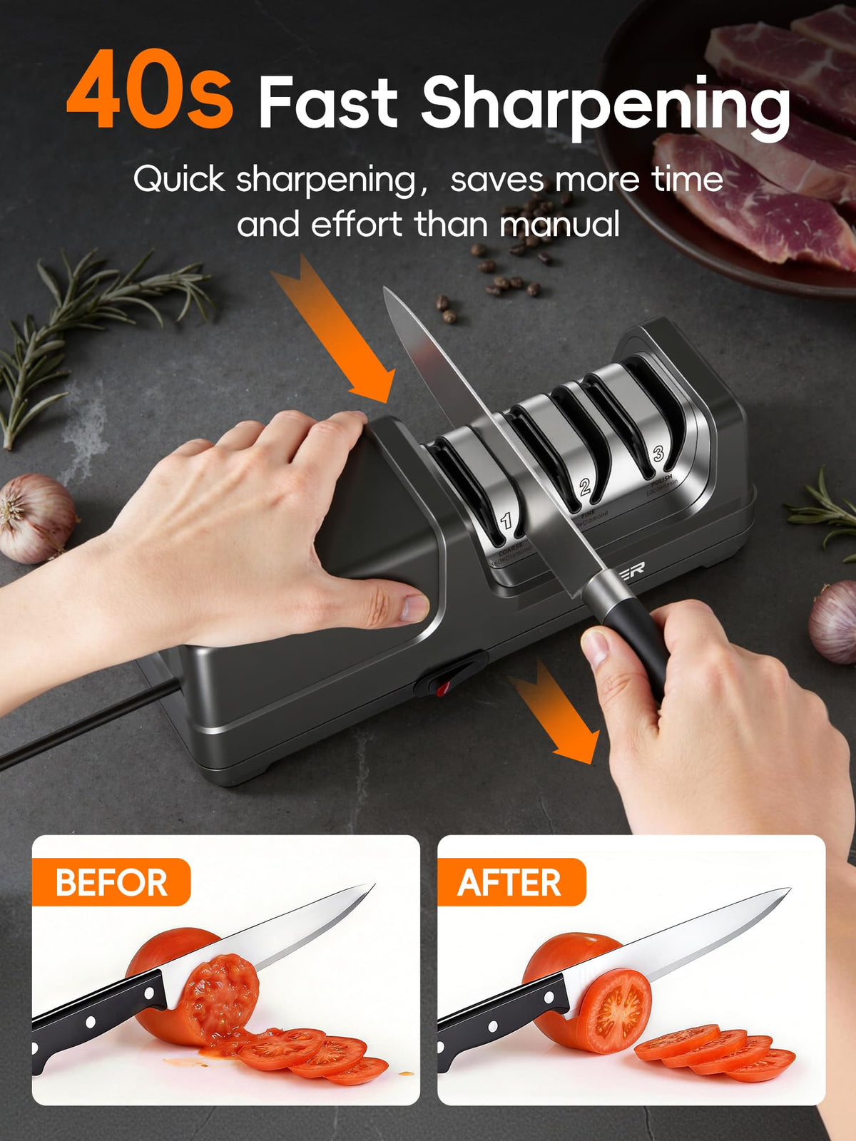 TER Electric Knife Sharpener shows a 20-degree edge guide for precise blade sharpening.