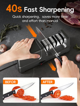 TER Electric Knife Sharpener shows a 20-degree edge guide for precise blade sharpening.