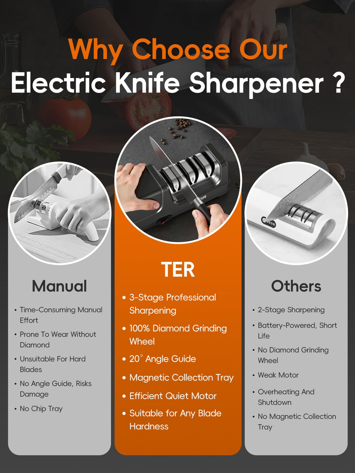 TER Electric Knife Sharpener has a compact countertop design for any kitchen.