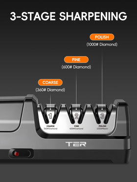 TER Electric Knife Sharpener demonstrates fast results in about 40 seconds.