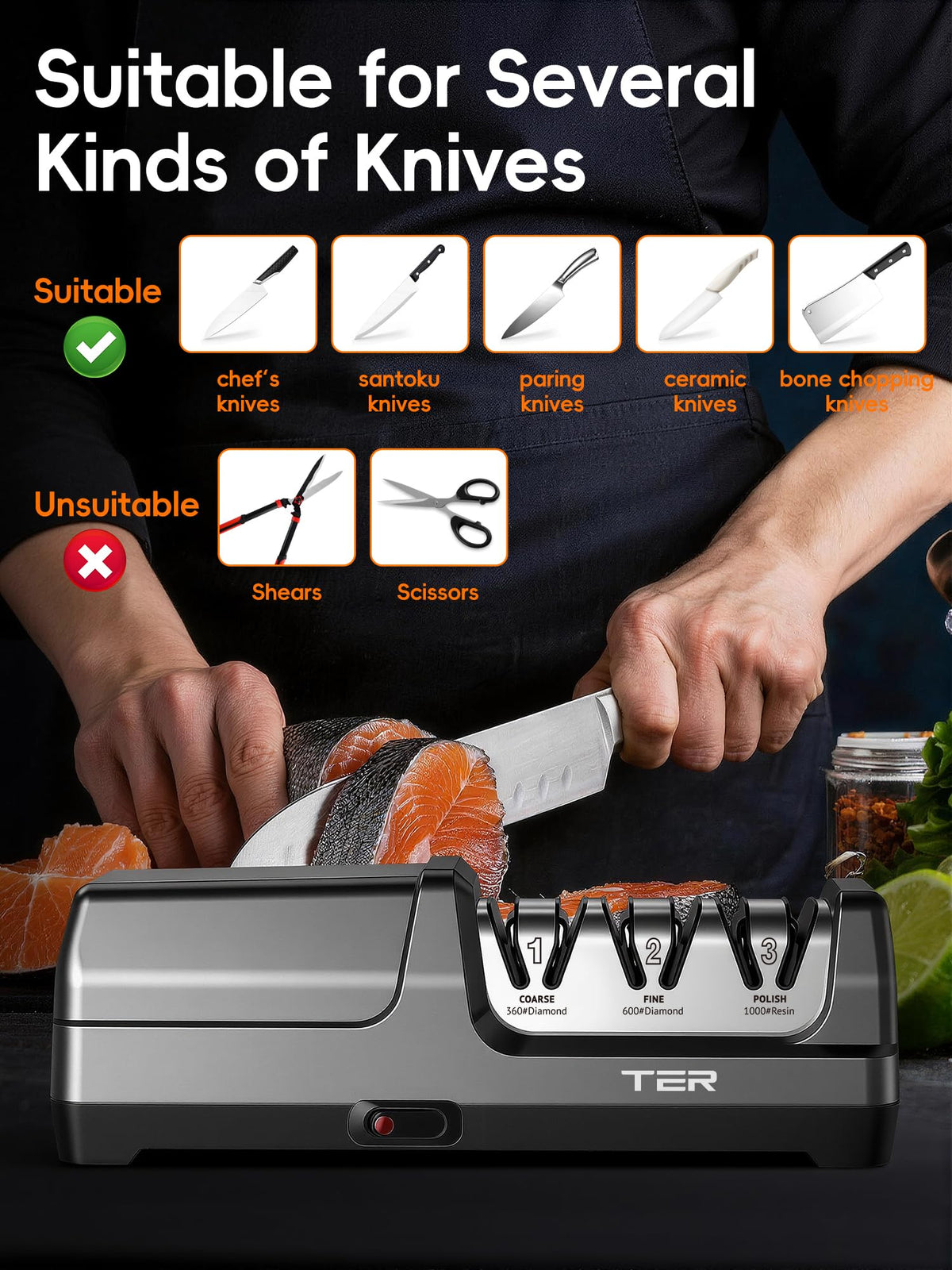 TER Electric Knife Sharpener is suitable for ceramic and metal blades.