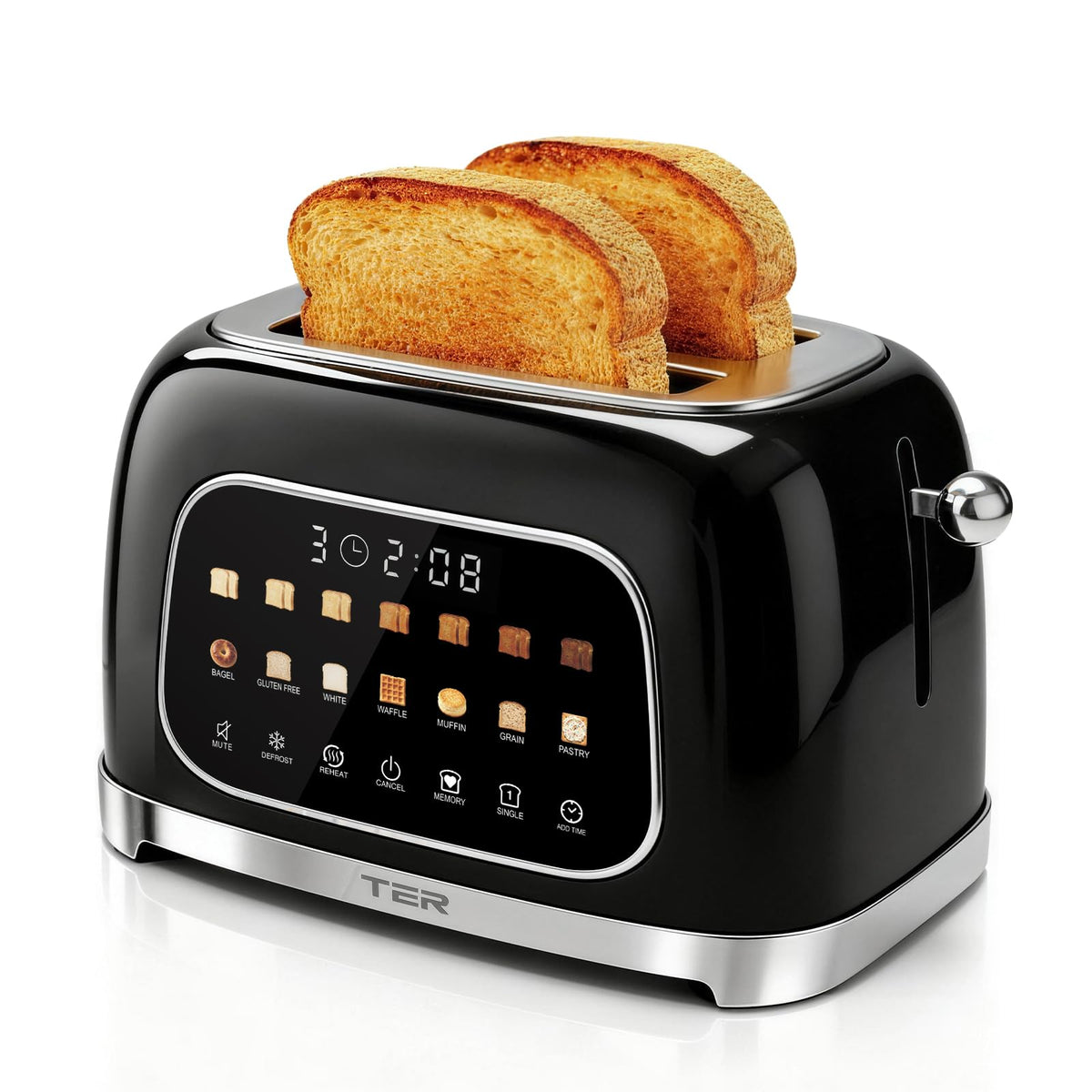 TER touch screen 2-slice toaster with sleek interface for quick breakfasts