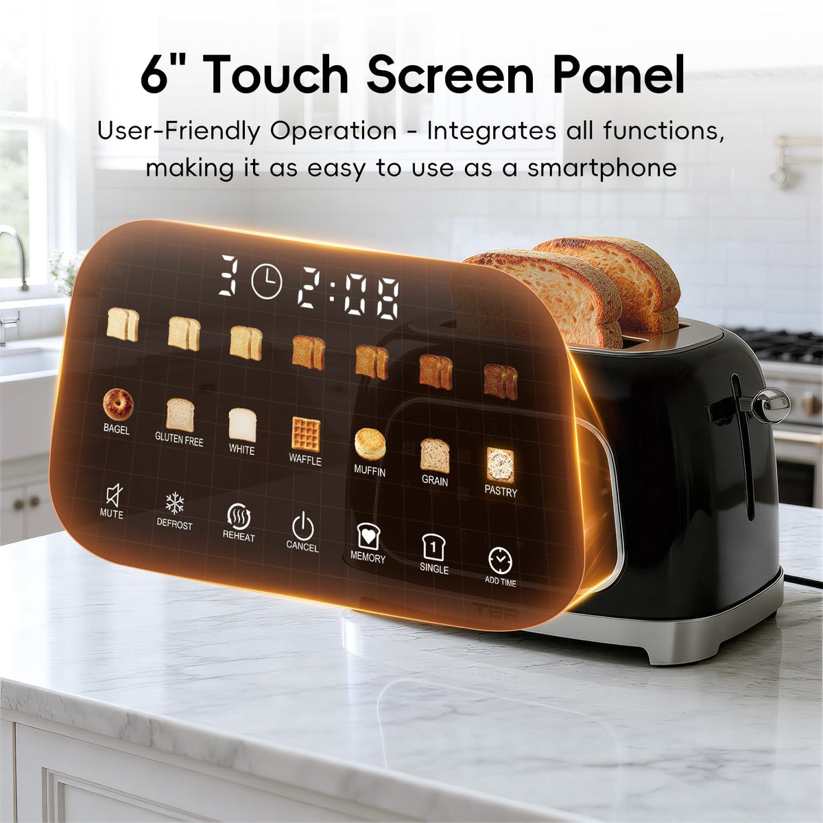 TER wide-slot design handles thick breads like Texas toast and bagels