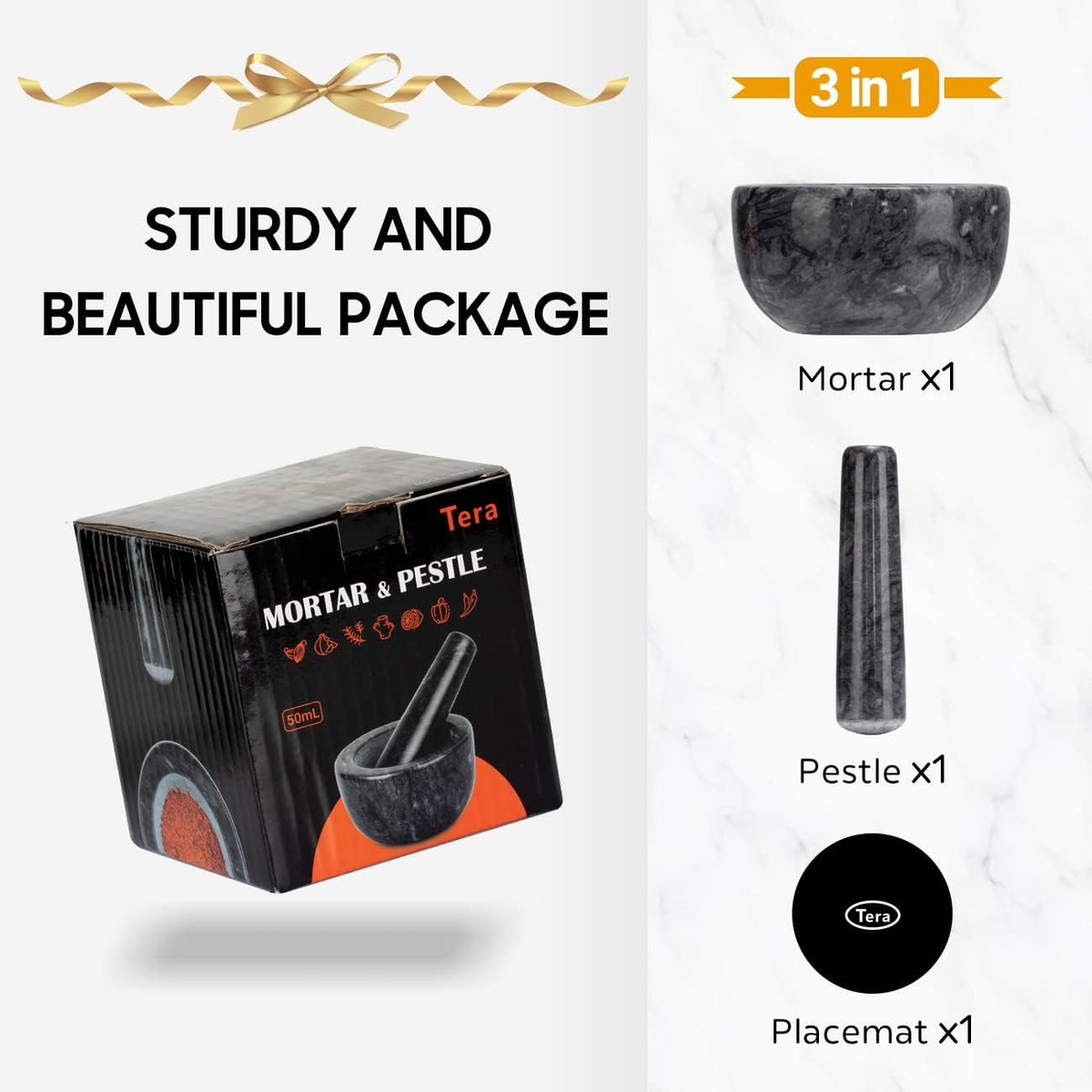 Exterior of Tera marble mortar pestle in polished black finish