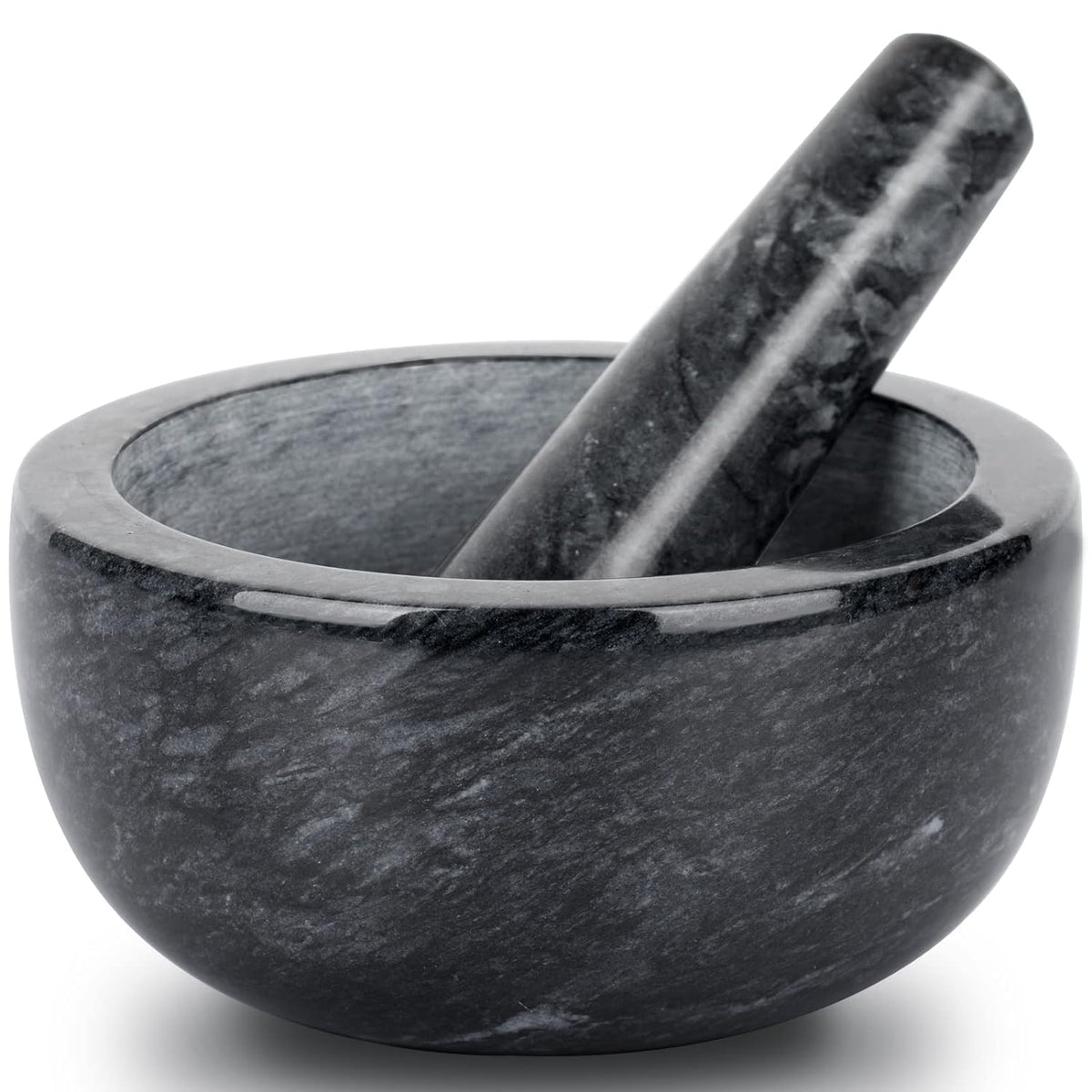 Tera marble mortar and pestle set in black with textured interior for efficient grinding