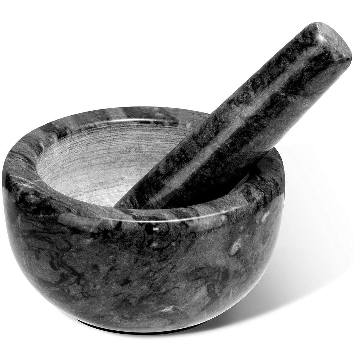 Tera marble mortar and pestle set with compact bowl for easy one-handed grinding.