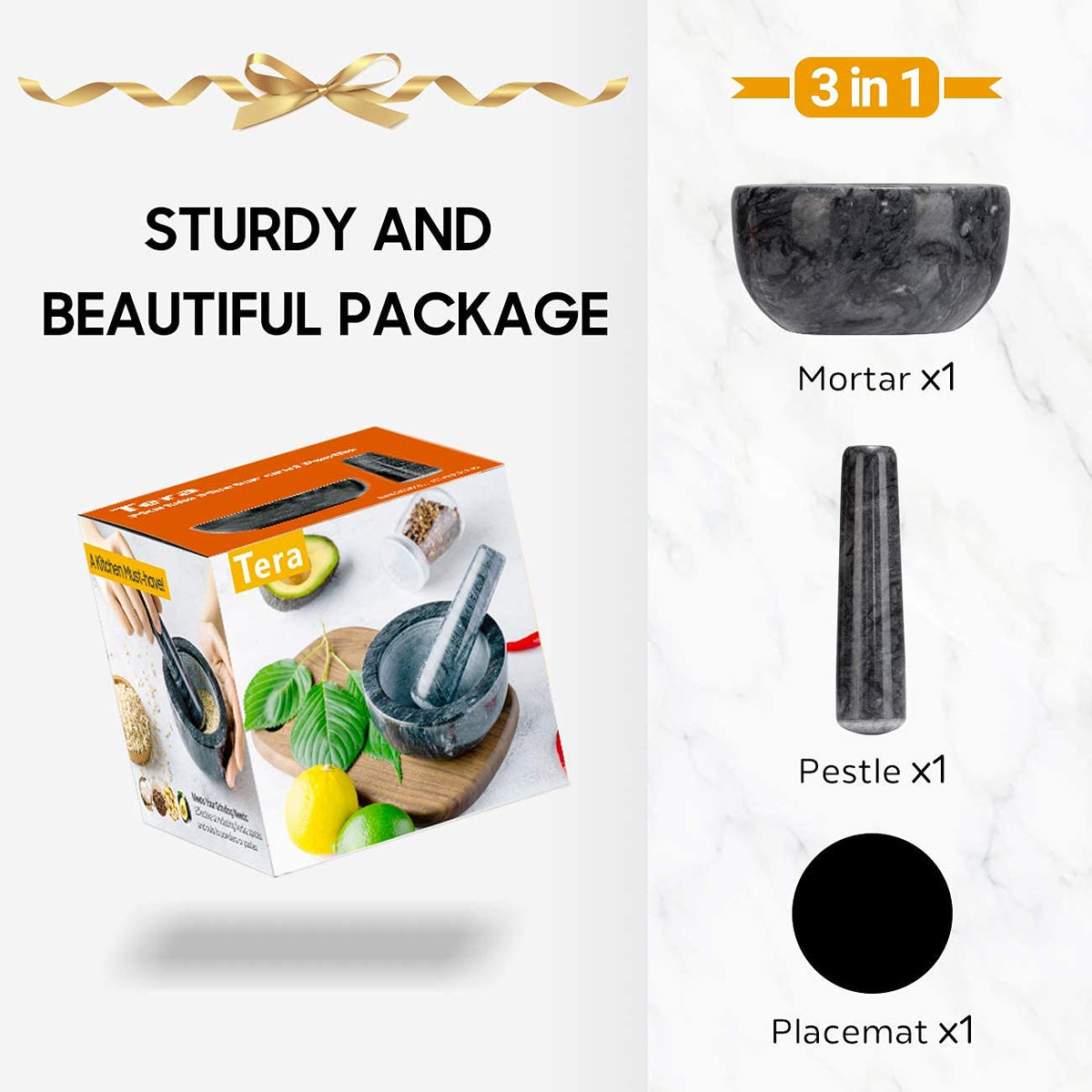 Tera marble mortar and pestle set with polished exterior adds decorative touch.