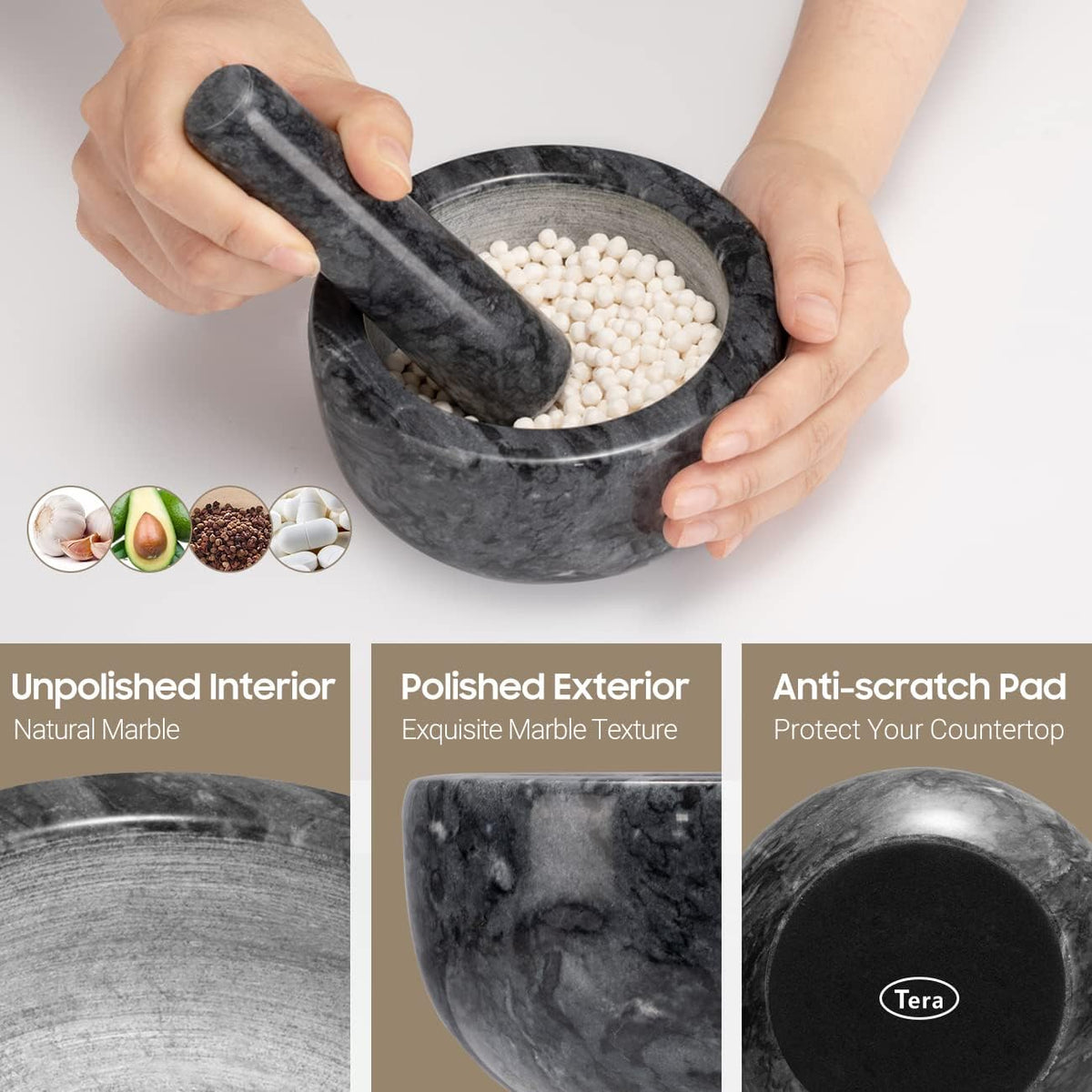 Tera marble mortar pestle showing natural color variation