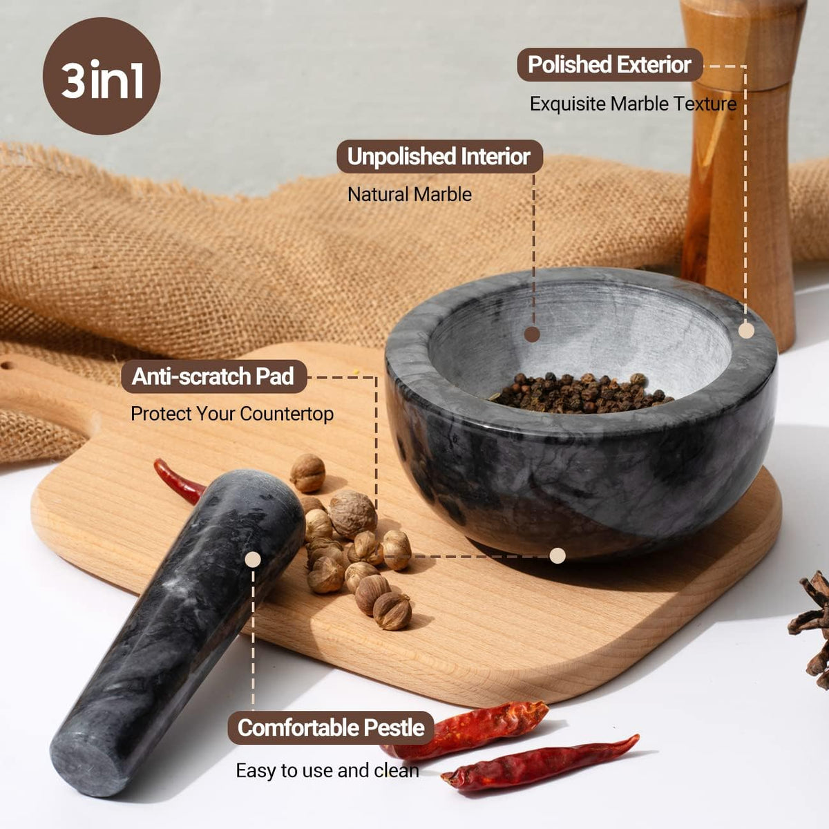 Versatile uses of the Tera marble mortar pestle for guacamole and pesto