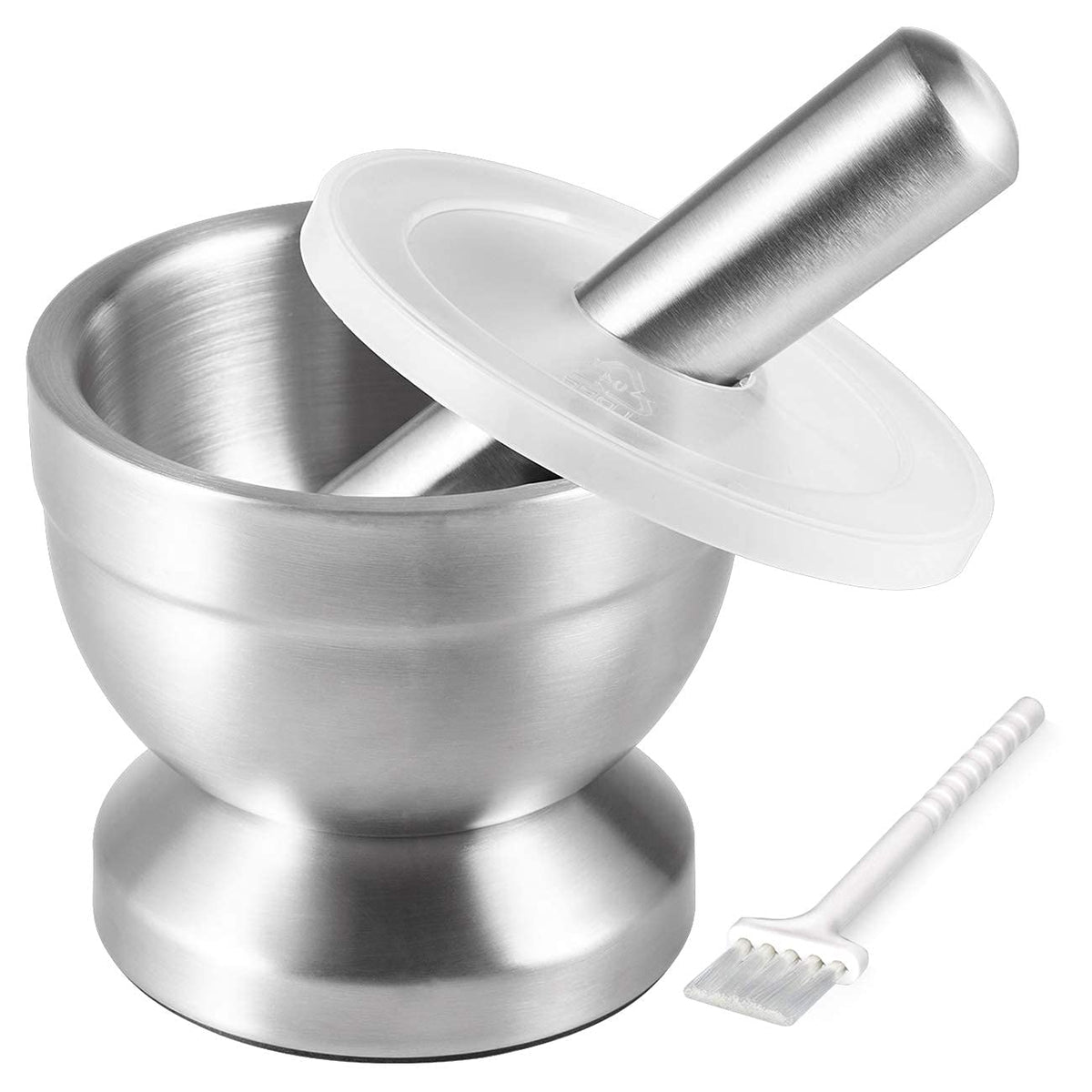 Tera mortar and pestle in brushed 18-8 stainless steel, durable and rustproof for everyday grinding.