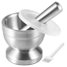Tera mortar and pestle in brushed 18-8 stainless steel, durable and rustproof for everyday grinding.