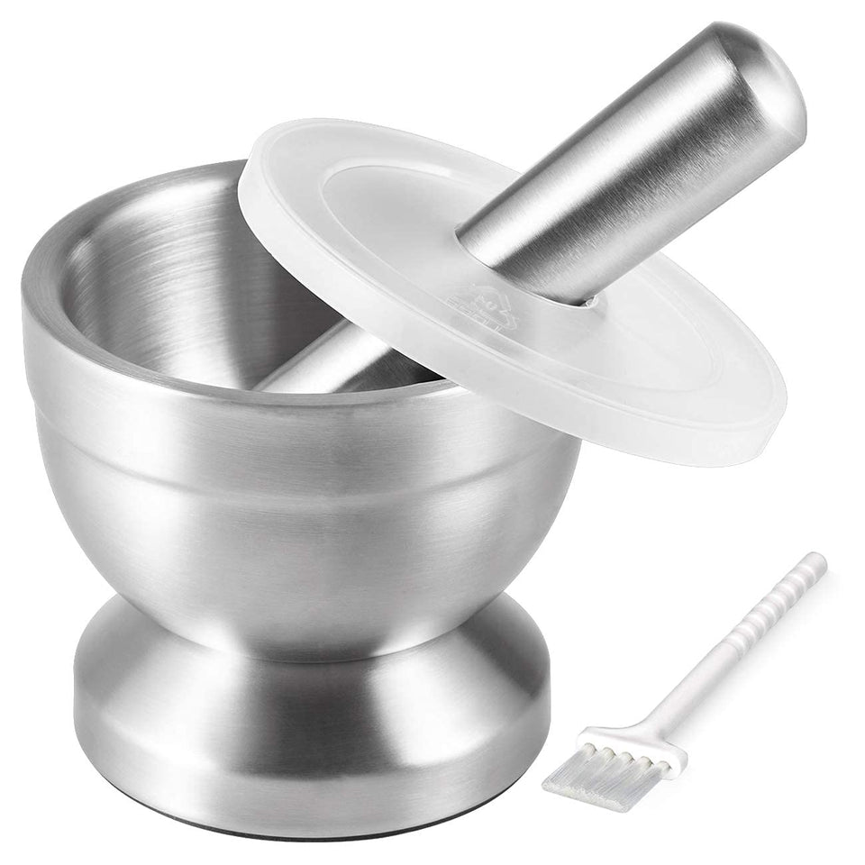 Tera mortar and pestle in brushed 18-8 stainless steel, durable and rustproof for everyday grinding.