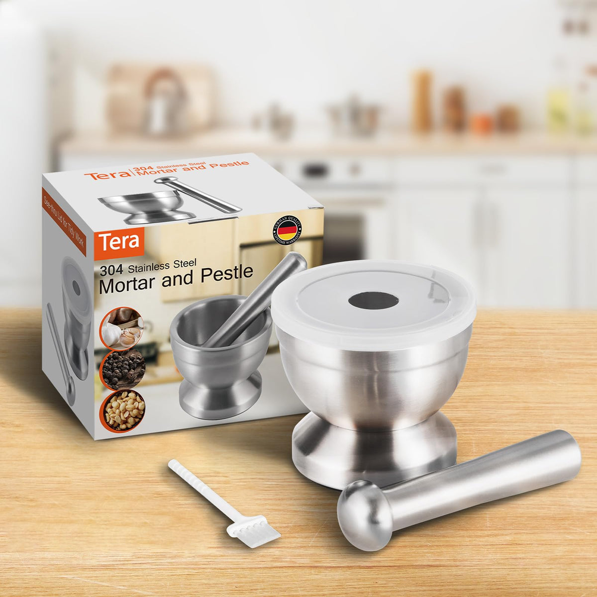 Tera included brush makes cleaning quick after grinding herbs or spices.