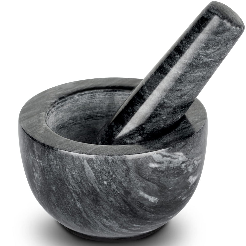 Tera mortar and pestle with natural marble interior texture for effective grinding