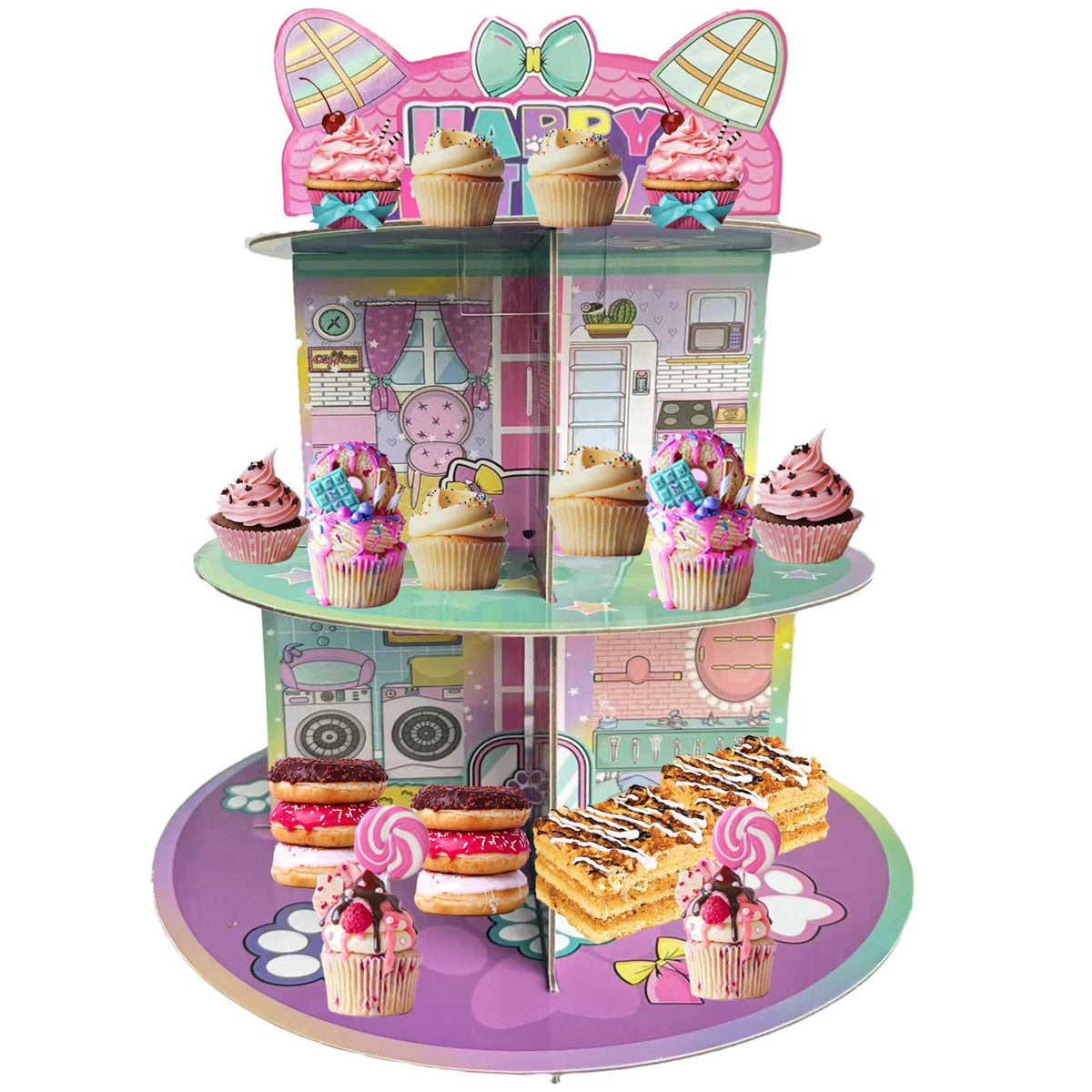 Terasilian 24-cupcakes display with donuts and cookies for kids' parties.