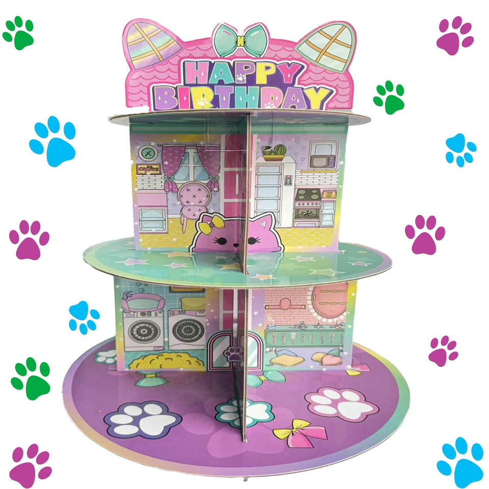 Terasilian cartoon cat dollhouse cupcake stand, pink display for cupcakes and treats.