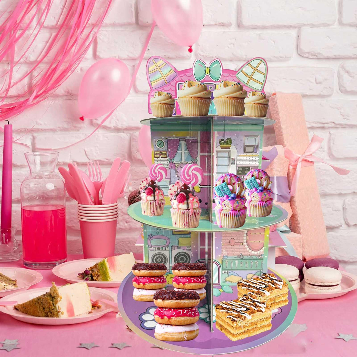 Terasilian pink dollhouse party stand adds charming birthday decor.