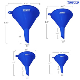Terbold 4pc blue funnel set with 100mm diameter for liquids and powders