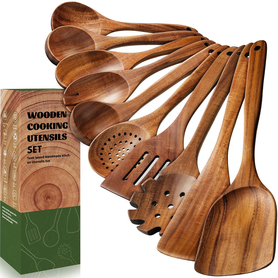 Terlulu teak wooden spoons set for nonstick cookware with smooth finish.