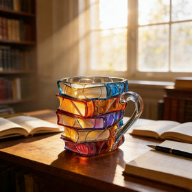 TERNNK Painted Book Mug clear glass body highlights floating beverage appeal.