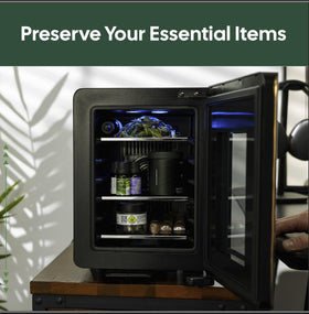 Terpkooler Essential Cooler with smoked glass shelves for organized cosmetics and oils