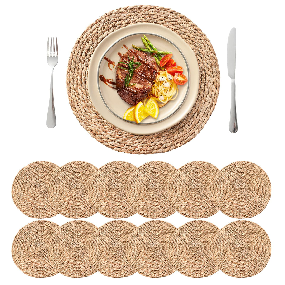 Terrekraft 13.8-inch round woven placemats set on rustic dining table