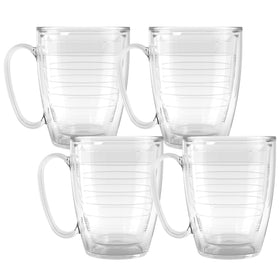 Tervis 16oz clear insulated mug front view, portable and keeps beverages at the right temperature.