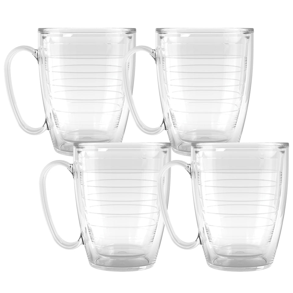 Tervis 16oz clear insulated mug front view, portable and keeps beverages at the right temperature.