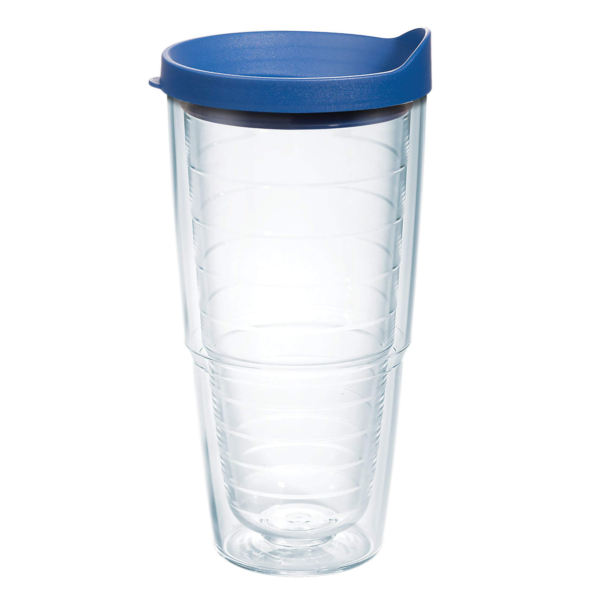 Tervis 24oz tumbler with blue lid keeps drinks cold on the go.