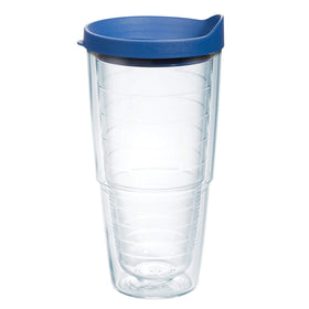 Tervis 24oz tumbler with blue lid keeps drinks cold on the go.