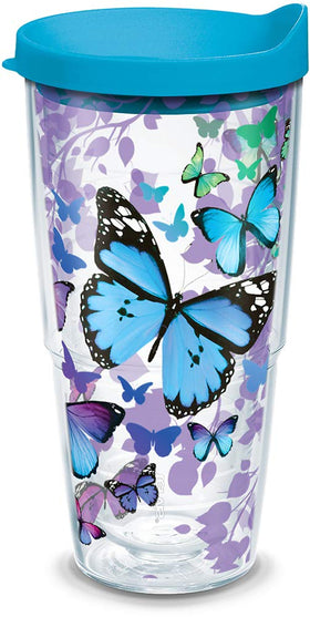 Tervis Blue Endless Butterfly 24oz tumbler with double-wall insulation to keep drinks cold.
