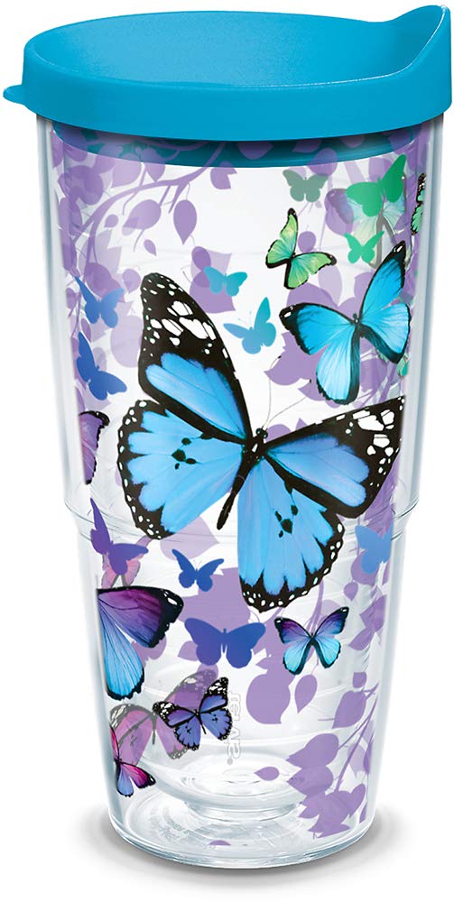 Tervis Blue Endless Butterfly 24oz tumbler with double-wall insulation to keep drinks cold.