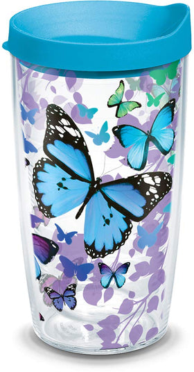 Tervis Blue Endless Butterfly 16oz tumbler with butterfly motif keeps drinks hot or cold.