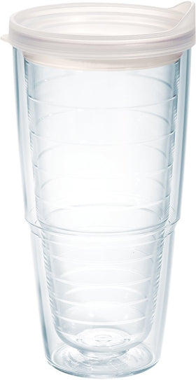Tervis clear 24oz tumbler with clear lid for on-the-go hydration.