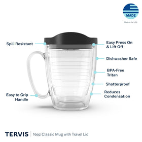 Tervis clear body 16oz mug displaying contents with easy-to-grip handle.