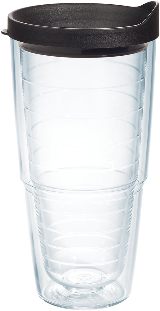 Tervis 24oz clear and colorful tumbler with lid keeps drinks cool on the go.