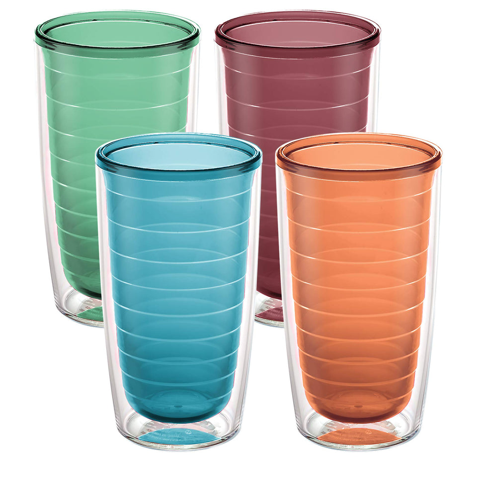 Tervis clear and colorful 16oz tumbler keeps drinks cold or hot without rings.
