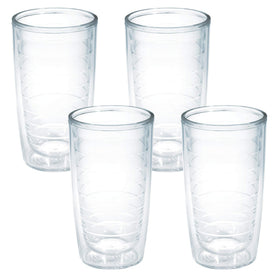 Tervis clear 16oz tumbler, side view, keeps beverages at the right temperature.