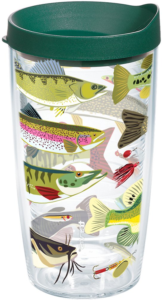 Tervis Freshwater Fish graphics tumbler with lake-ready design keeps drinks cold for boating use.