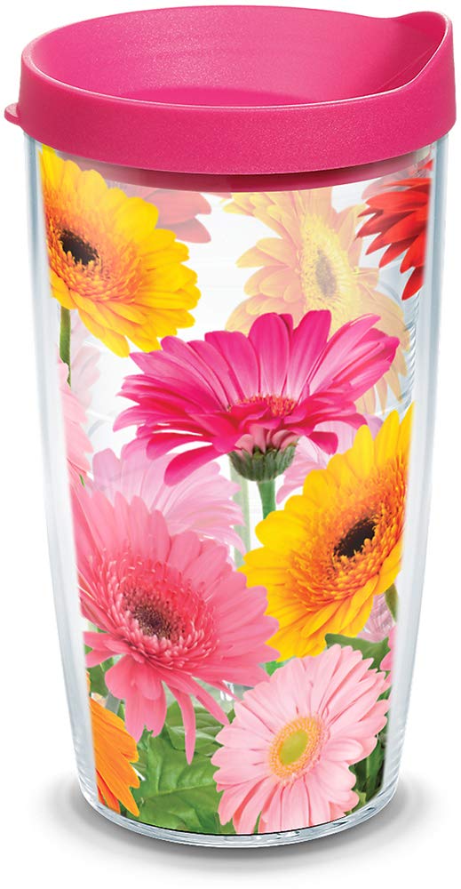 Tervis Gerbera Daisies 16oz tumbler with double-wall insulation keeps drinks at temperature.
