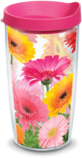 Tervis Gerbera Daisies 16oz tumbler with double-wall insulation keeps drinks at temperature.