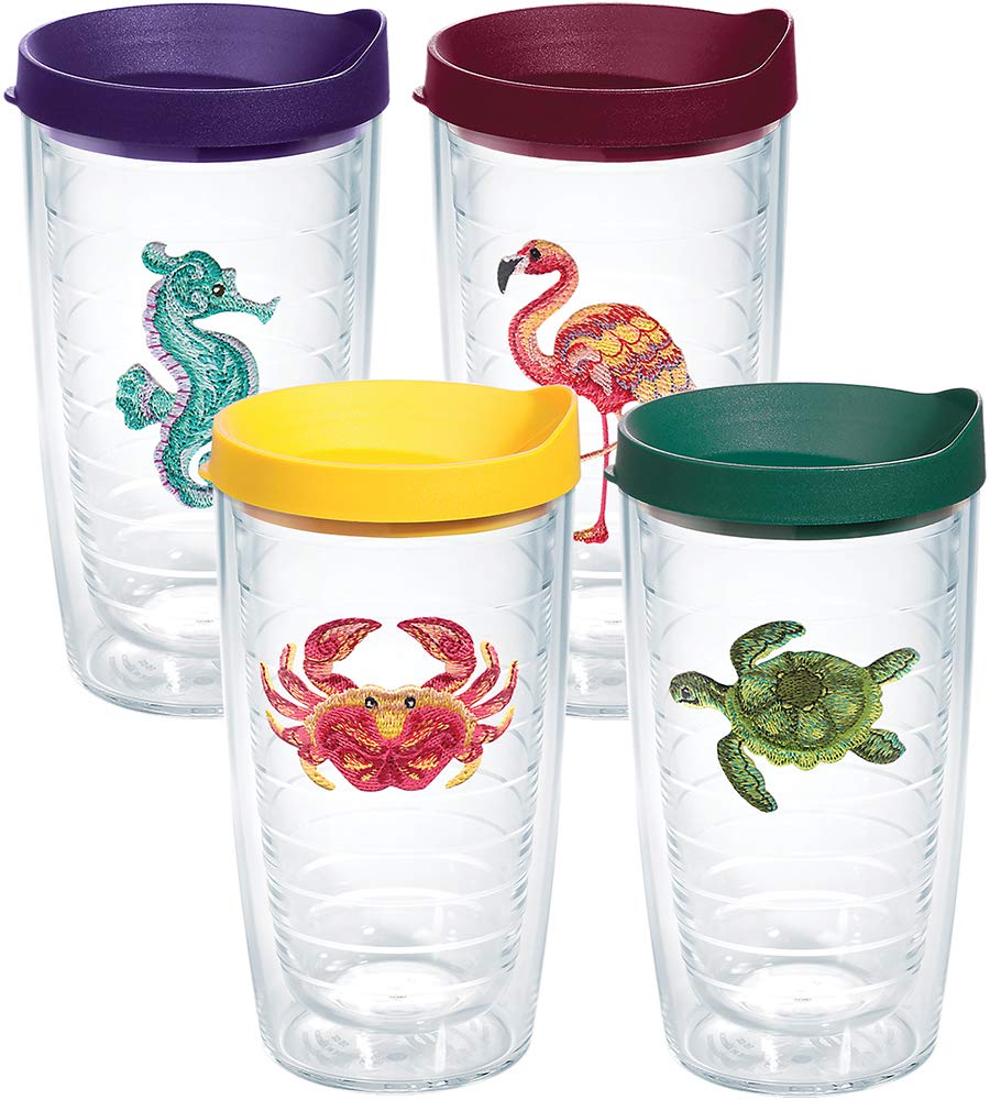 Tervis Tropical Animal 16oz tumbler 4-pack front view with vibrant designs for hot or cold drinks