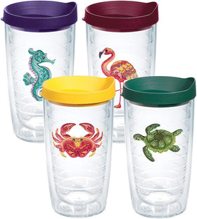 Tervis Tropical Animal 16oz tumbler 4-pack front view with vibrant designs for hot or cold drinks